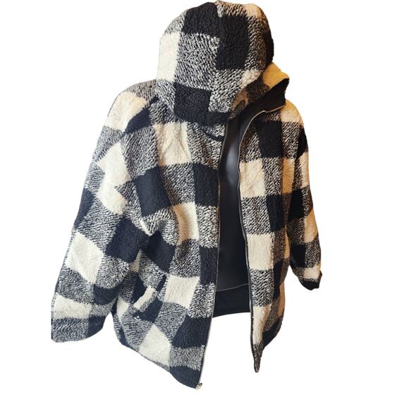 Buffalo Check Sherpa Fleece Jacket Large Black White Plaid Zip Hooded Coat Cozy - Picture 12 of 14